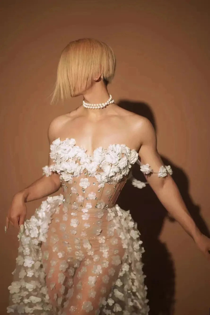 Sexy Mesh See Through Flowers Dress