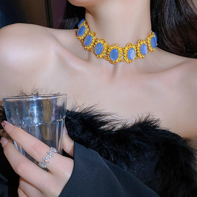 Vintage Palace Blue Choker Necklace and Drop Earrings