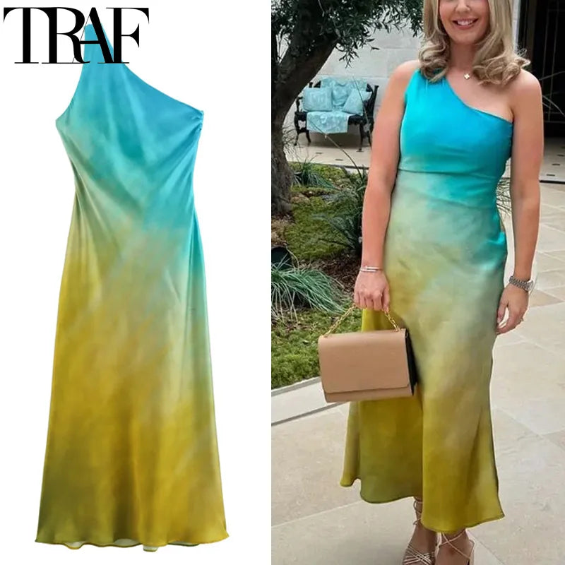 Tie Dye Satin Asymmetric Dress