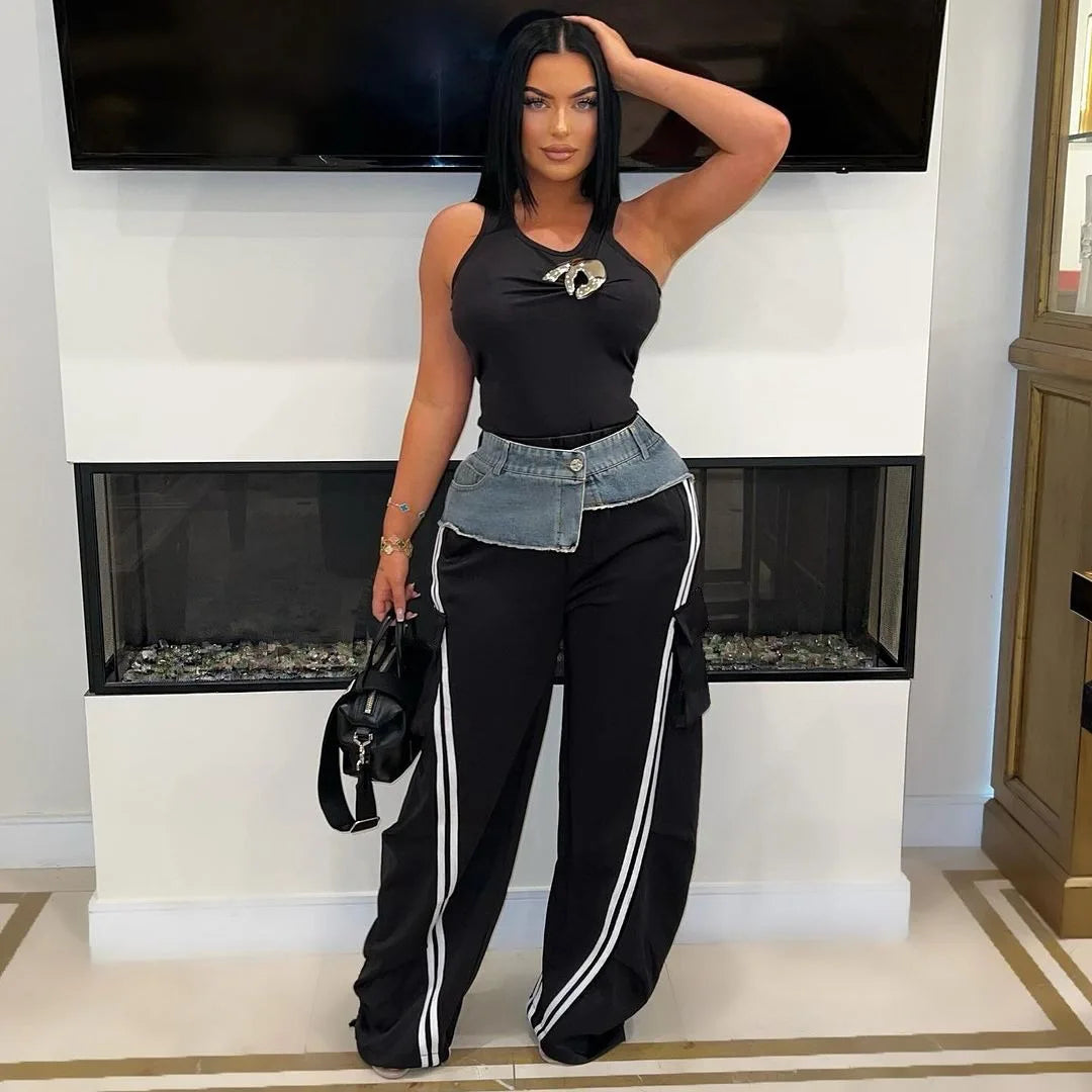 Denim Patchwork Pocket Wide Leg Jogger