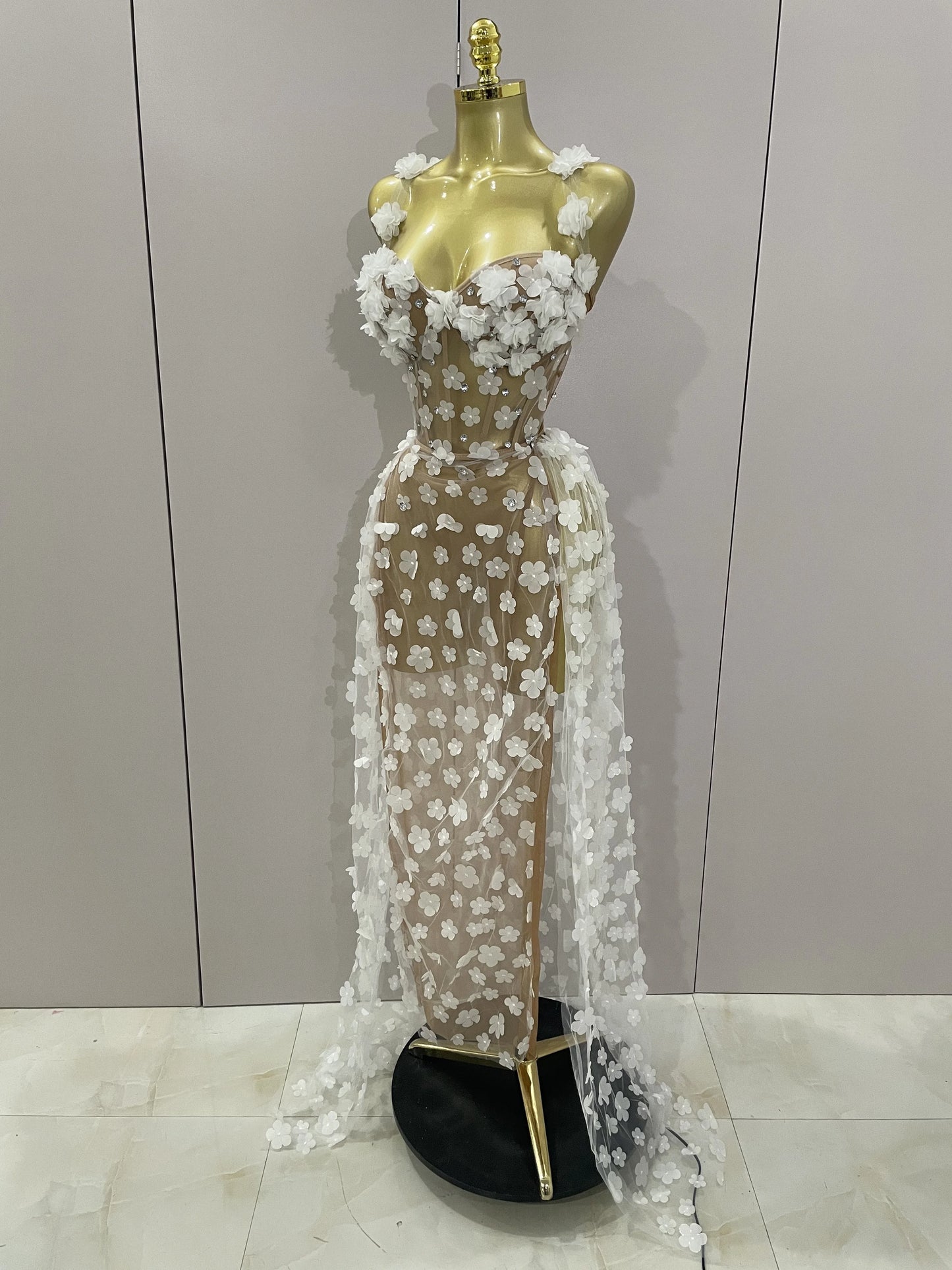 Sexy Mesh See Through Flowers Dress