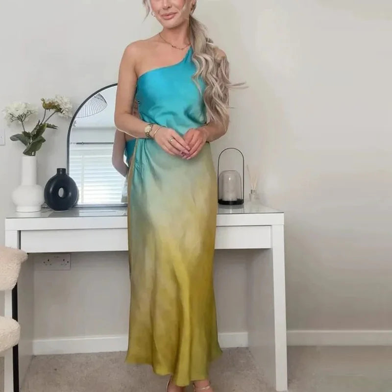 Tie Dye Satin Asymmetric Dress