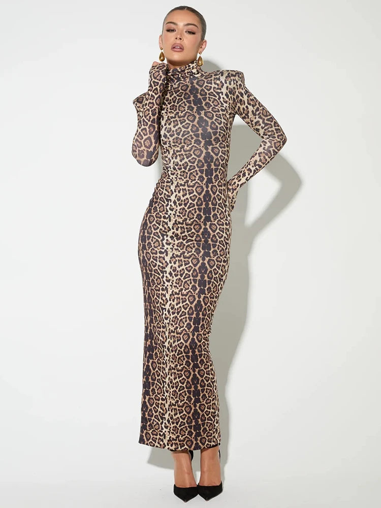 Leopard Print Long Sleeve Sexy Maxi Dress