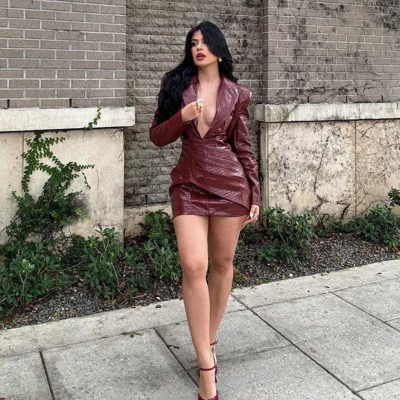 Deep V Faux Leather Mini Dress