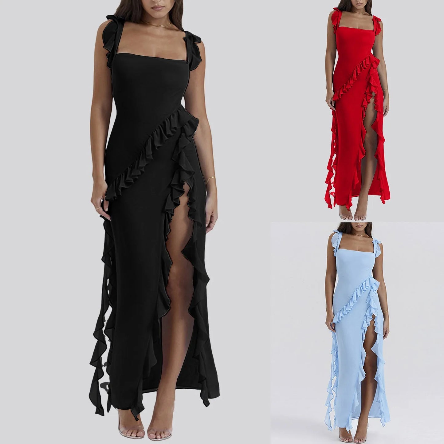 High Slit Ruffle Irregular Dress