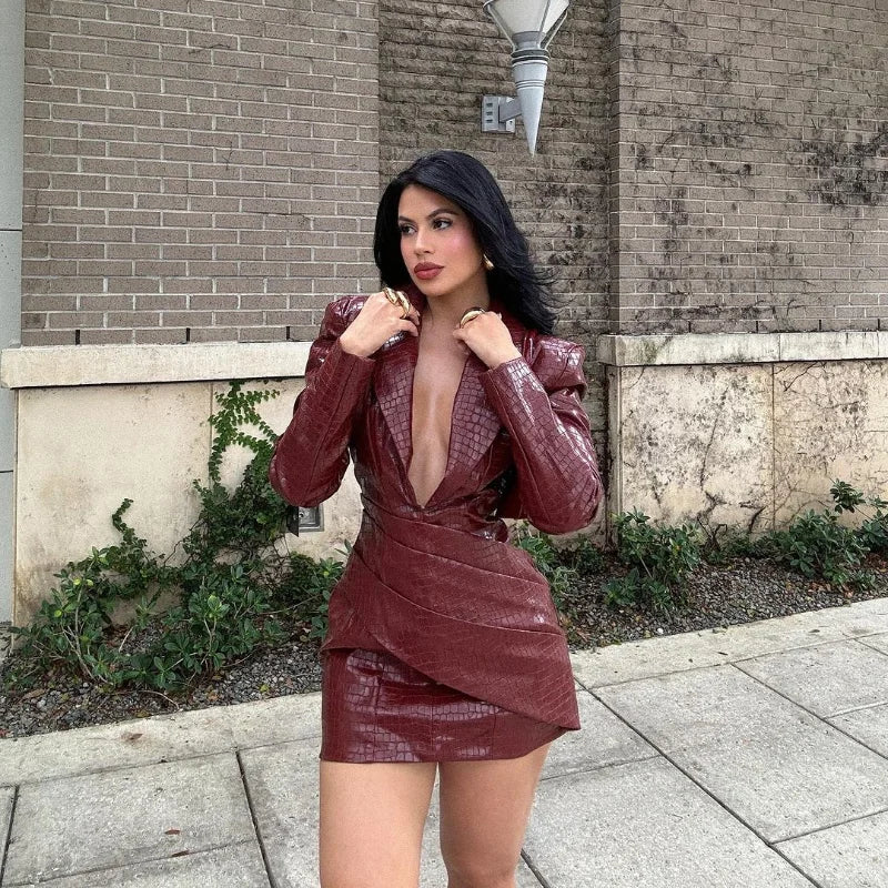 Deep V Faux Leather Mini Dress