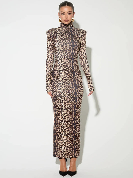 Leopard Print Long Sleeve Sexy Maxi Dress