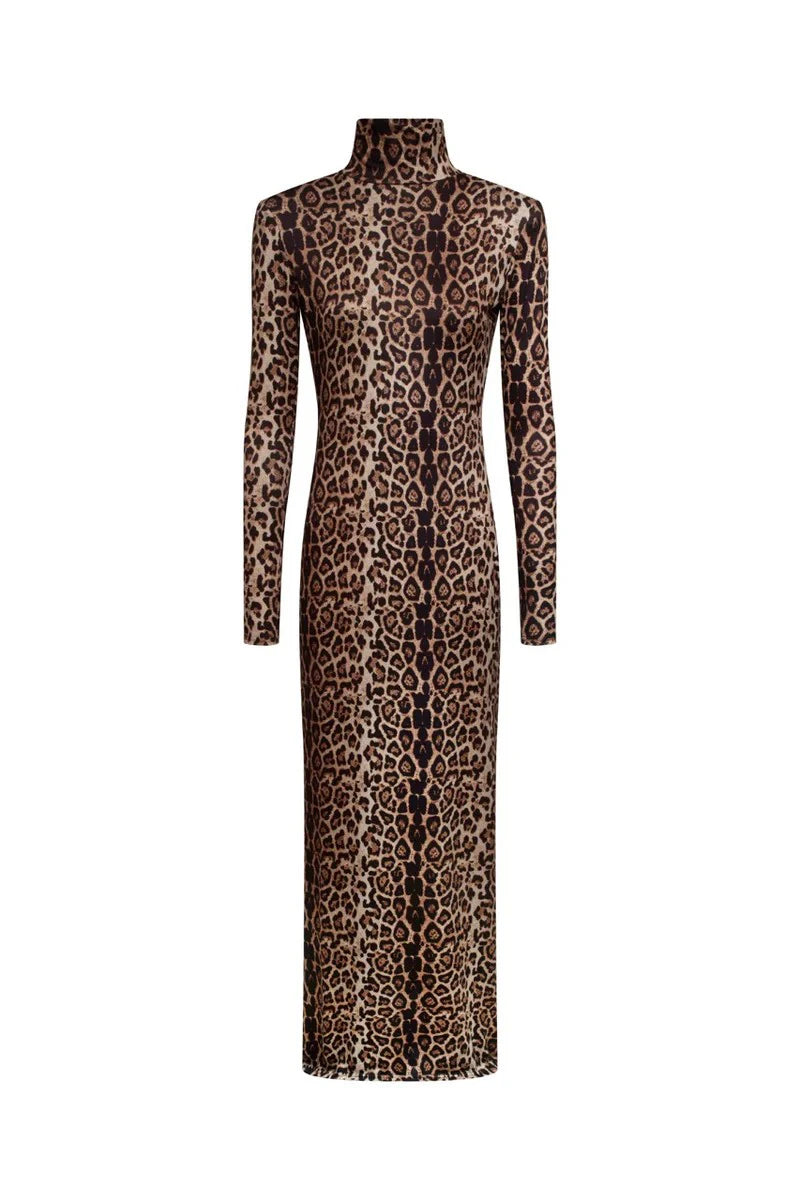 Leopard Print Long Sleeve Sexy Maxi Dress