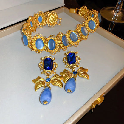 Vintage Palace Blue Choker Necklace and Drop Earrings