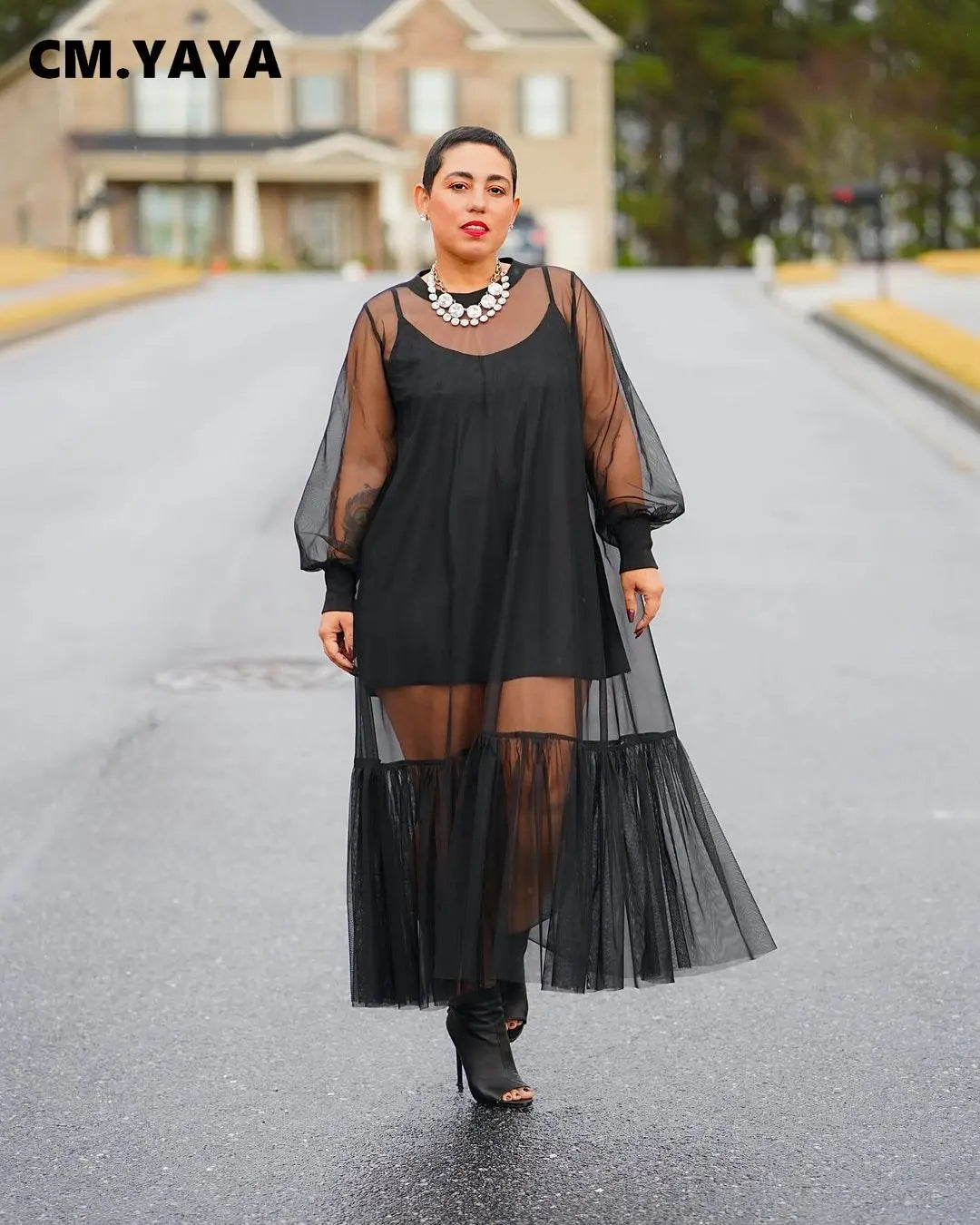 Black Mesh See Though Ruffles Dress