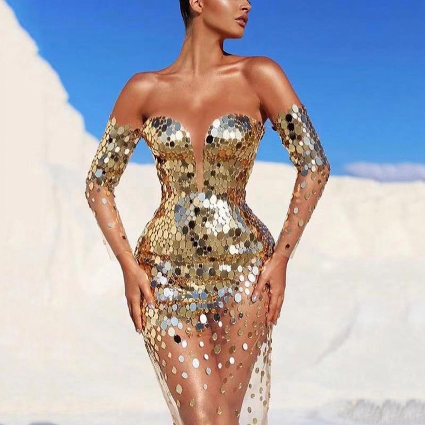 Sequined Mesh Evening Dress