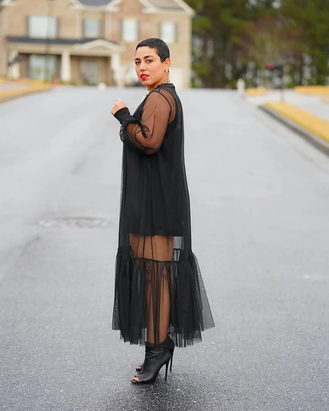 Black Mesh See Though Ruffles Dress