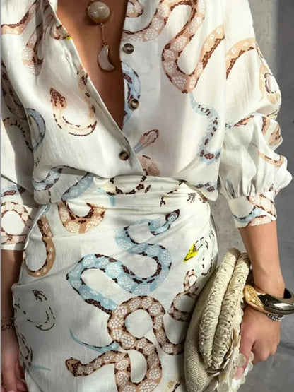Long Sleeved Button Up Collar Skirts Set