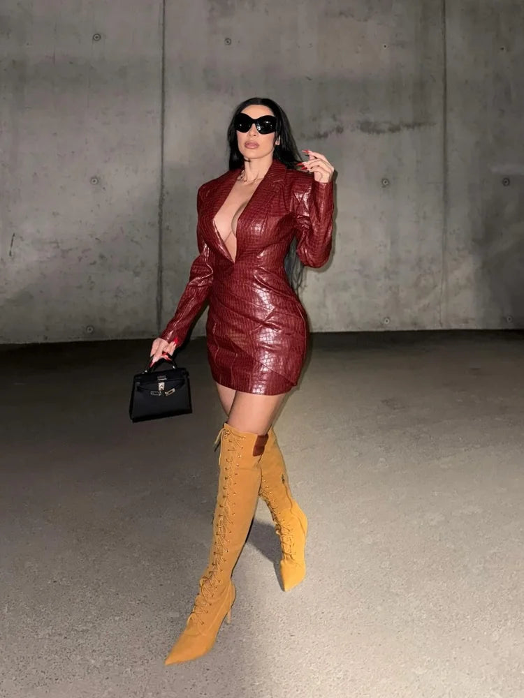 Deep V Faux Leather Mini Dress