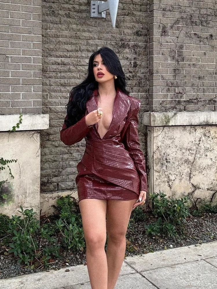 Deep V Faux Leather Mini Dress