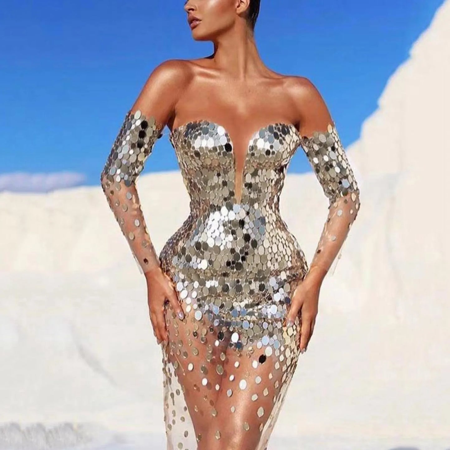 Sequined Mesh Evening Dress