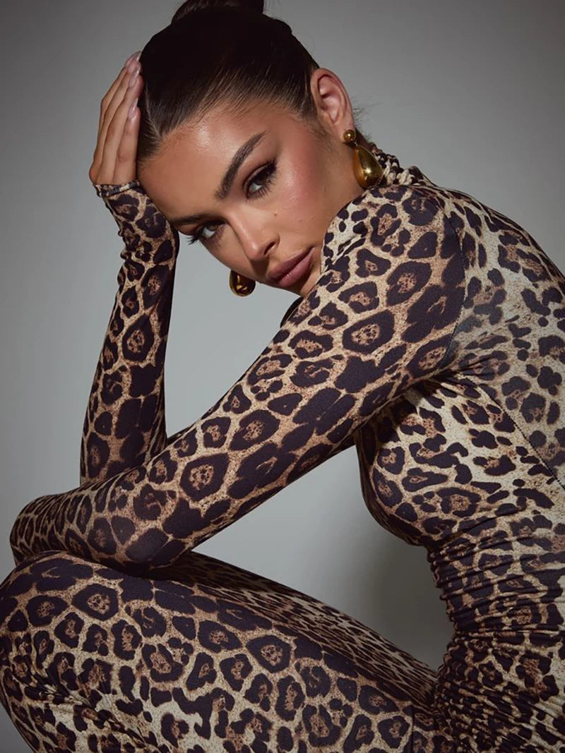 Leopard Print Long Sleeve Sexy Maxi Dress