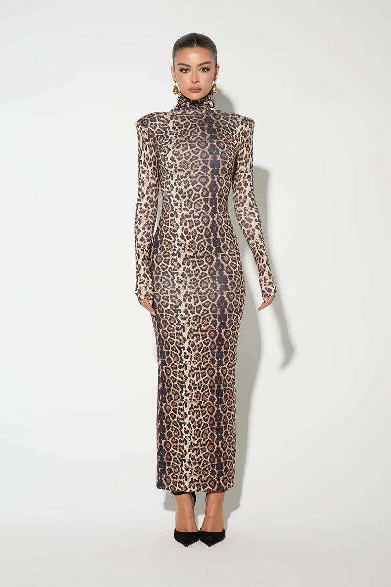 Leopard Print Long Sleeve Sexy Maxi Dress