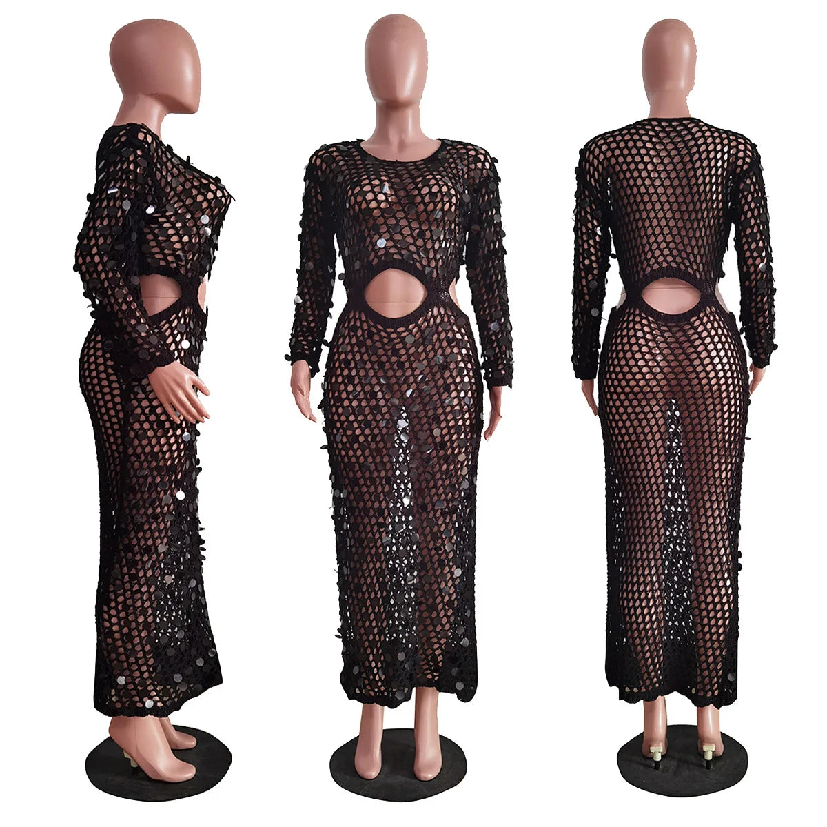 Fishnet Knitting Hollow Sequins Maxi Dress