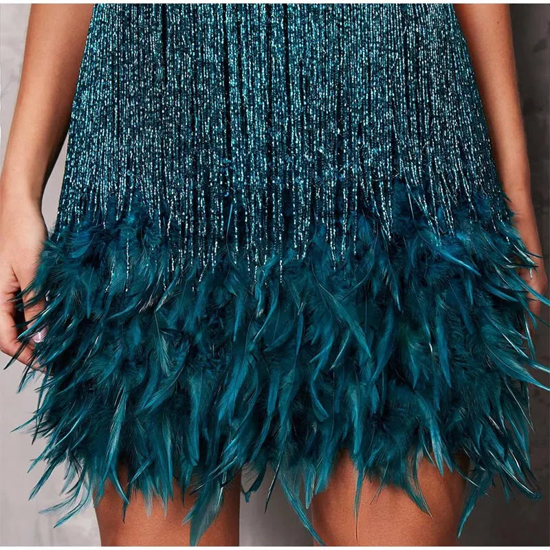 Sexy Tassel Sequins Feather Mini Dress