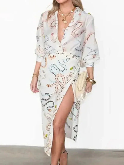 Long Sleeved Button Up Collar Skirts Set