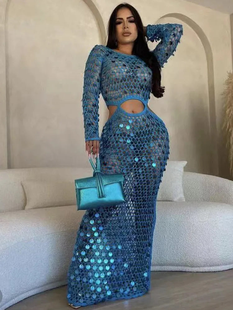 Fishnet Knitting Hollow Sequins Maxi Dress