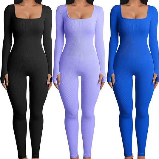 Ribbed Square Neck Bodycon Jumpsuit