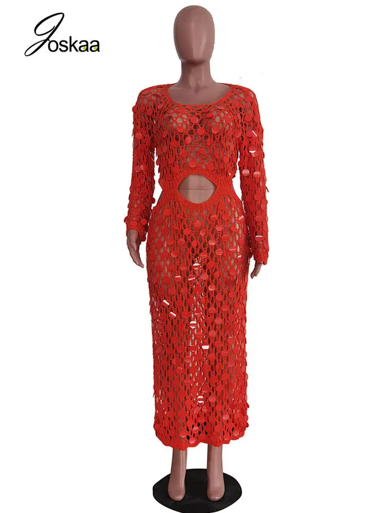 Fishnet Knitting Hollow Sequins Maxi Dress