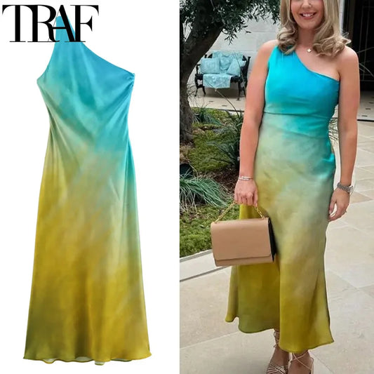Tie Dye Satin Asymmetric Dress