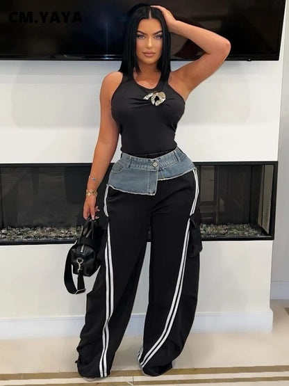 Denim Patchwork Pocket Wide Leg Jogger