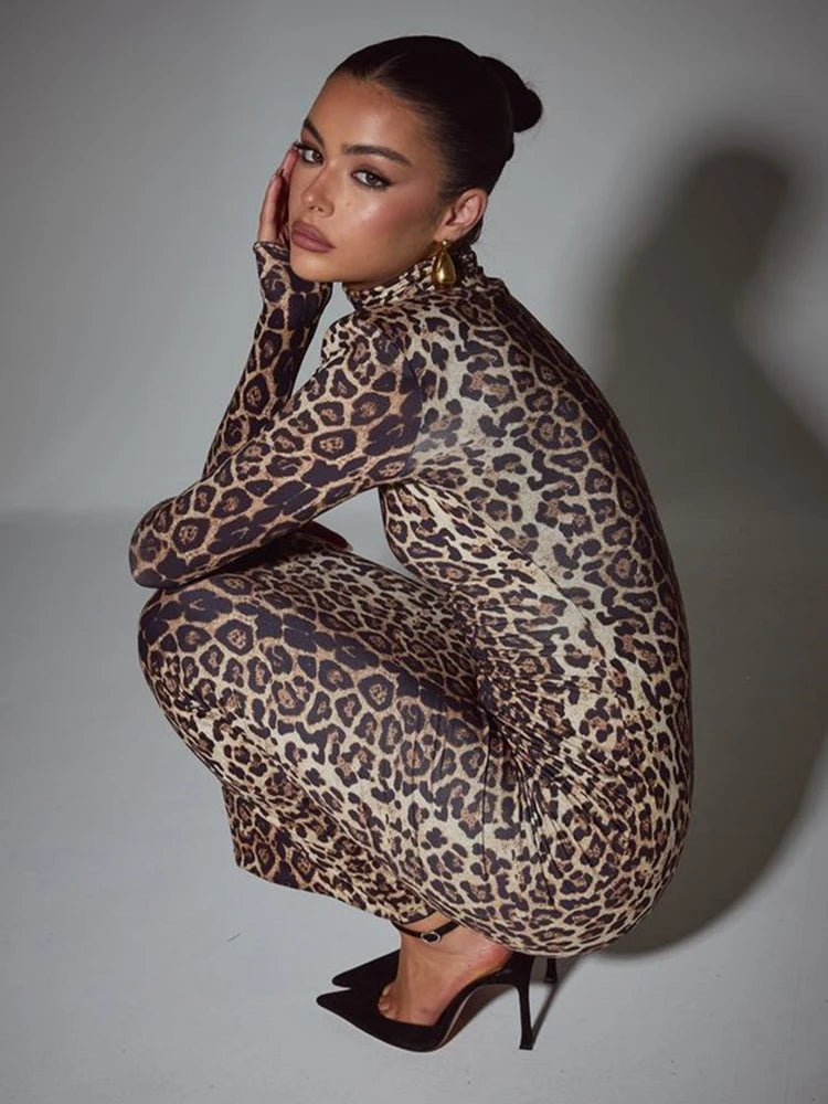 Leopard Print Long Sleeve Sexy Maxi Dress