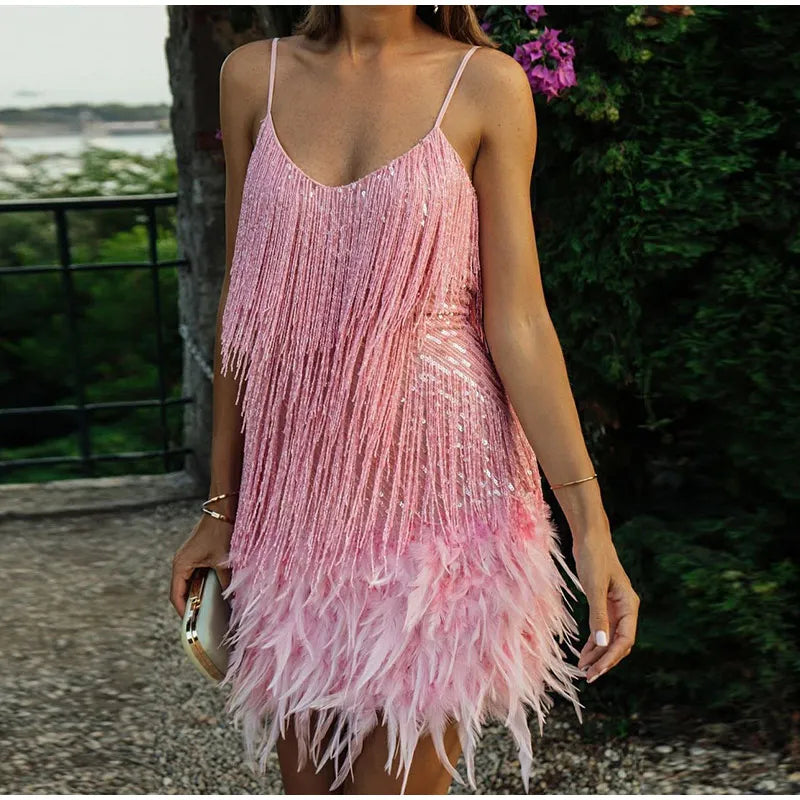 Sexy Tassel Sequins Feather Mini Dress