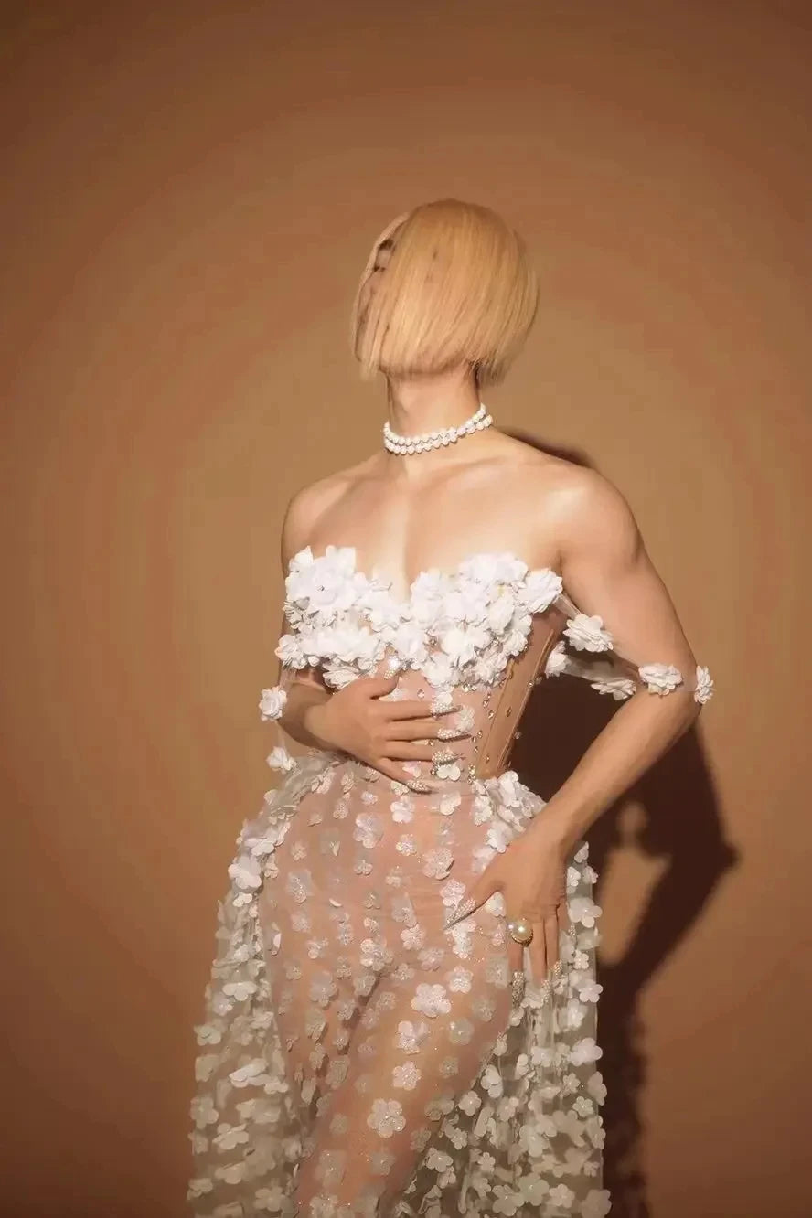 Sexy Mesh See Through Flowers Dress