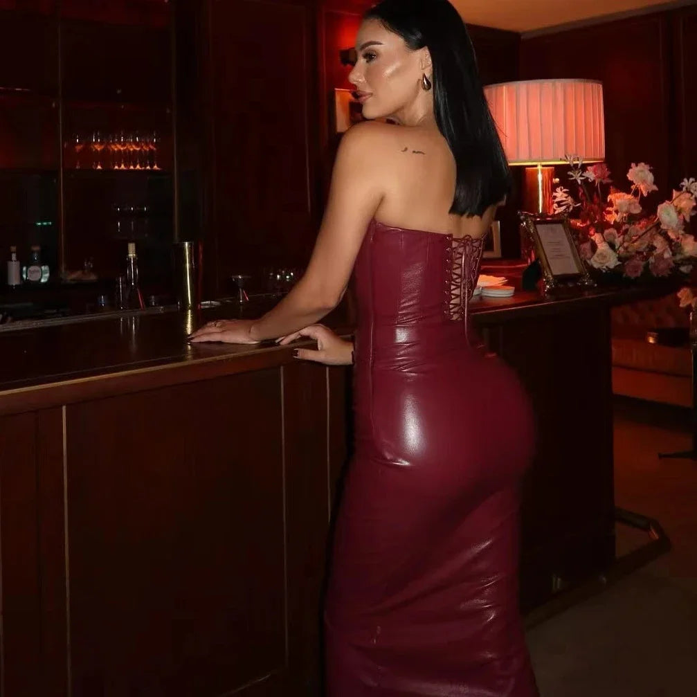 Strapless Faux Leather Party Dress