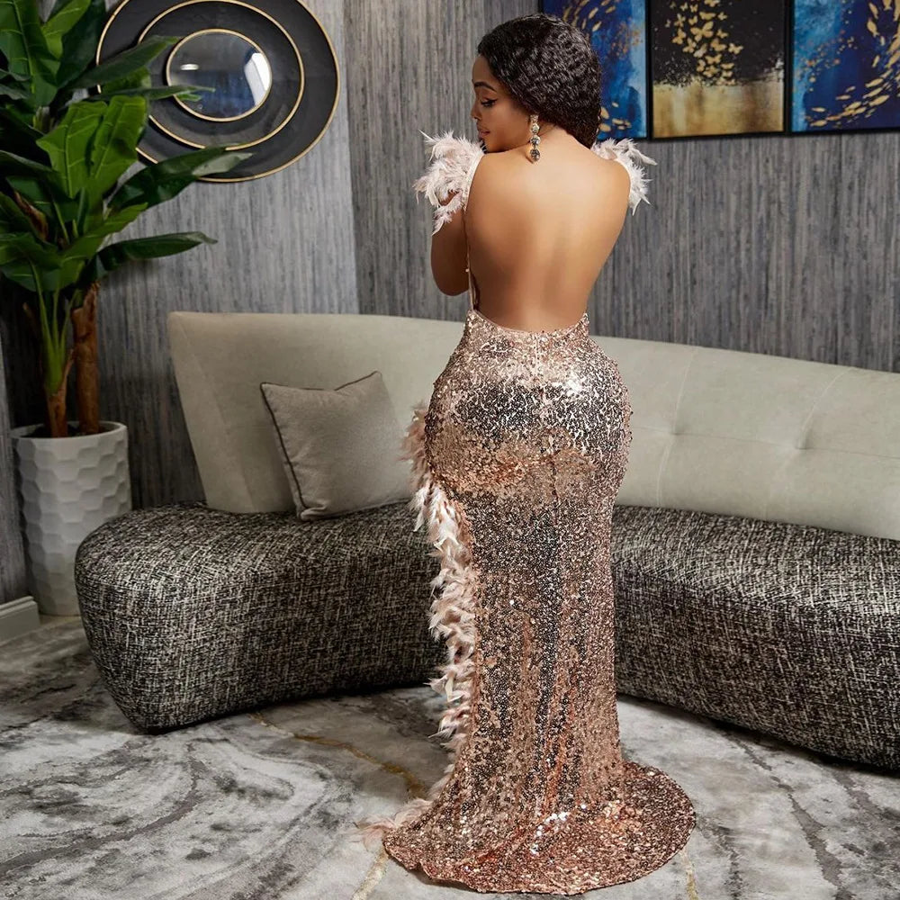 Feather Sequin Backless Maxi Dress