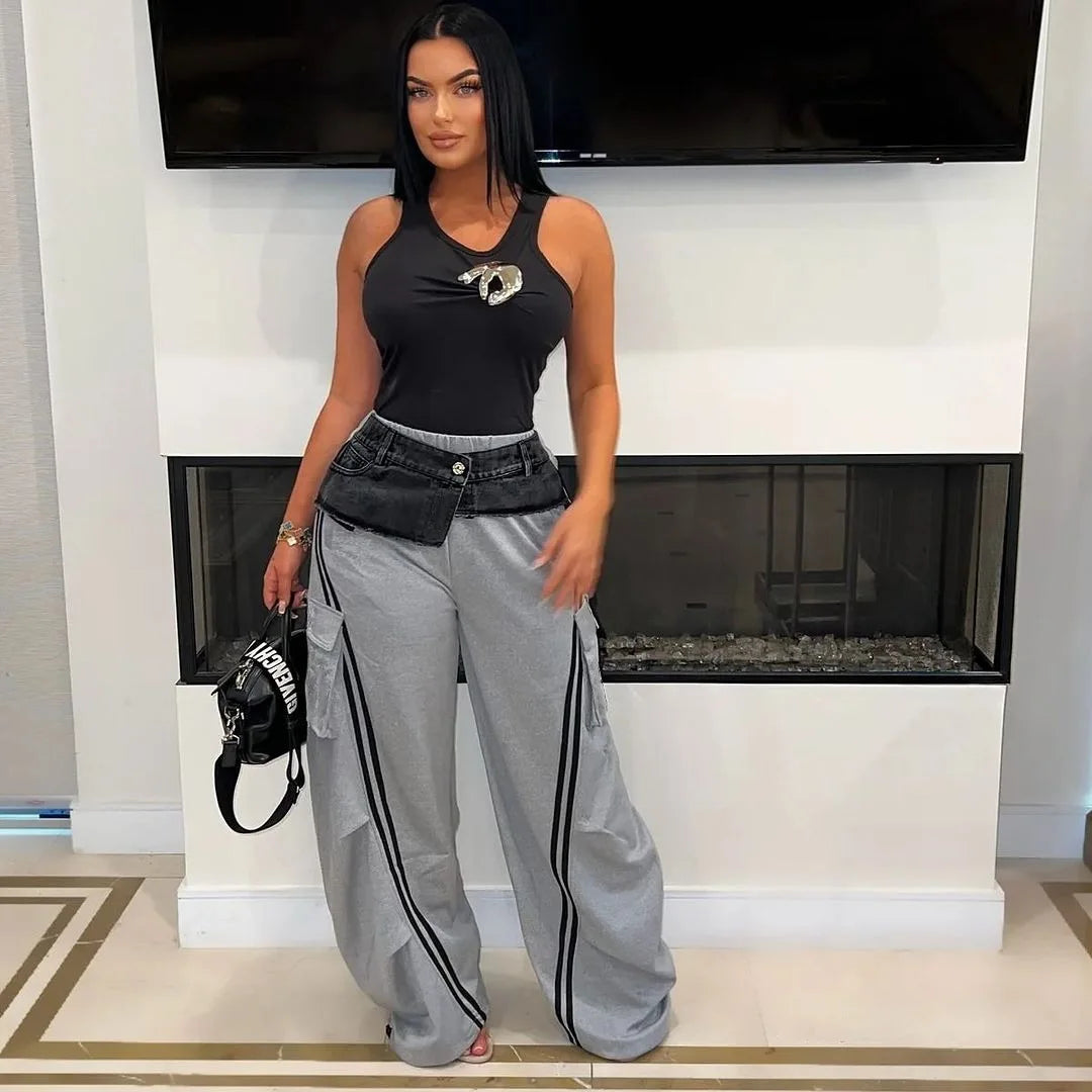 Denim Patchwork Pocket Wide Leg Jogger