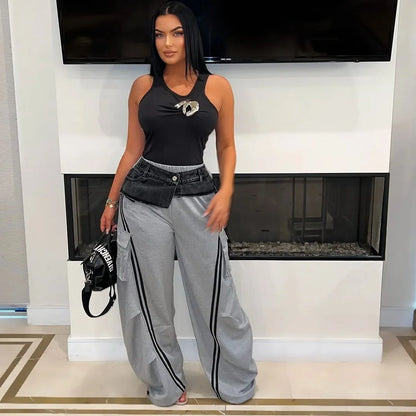 Denim Patchwork Pocket Wide Leg Jogger