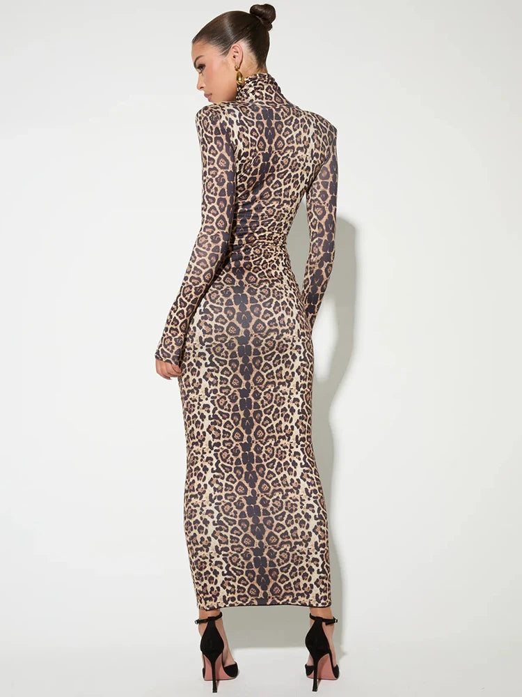 Leopard Print Long Sleeve Sexy Maxi Dress