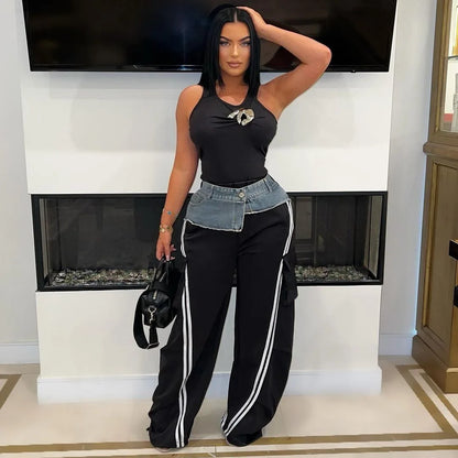 Denim Patchwork Pocket Wide Leg Jogger
