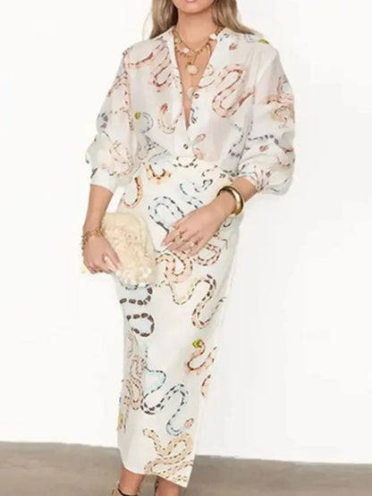 Long Sleeved Button Up Collar Skirts Set
