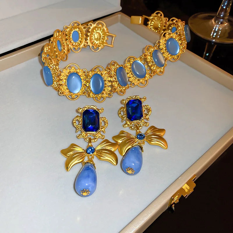 Vintage Palace Blue Choker Necklace and Drop Earrings
