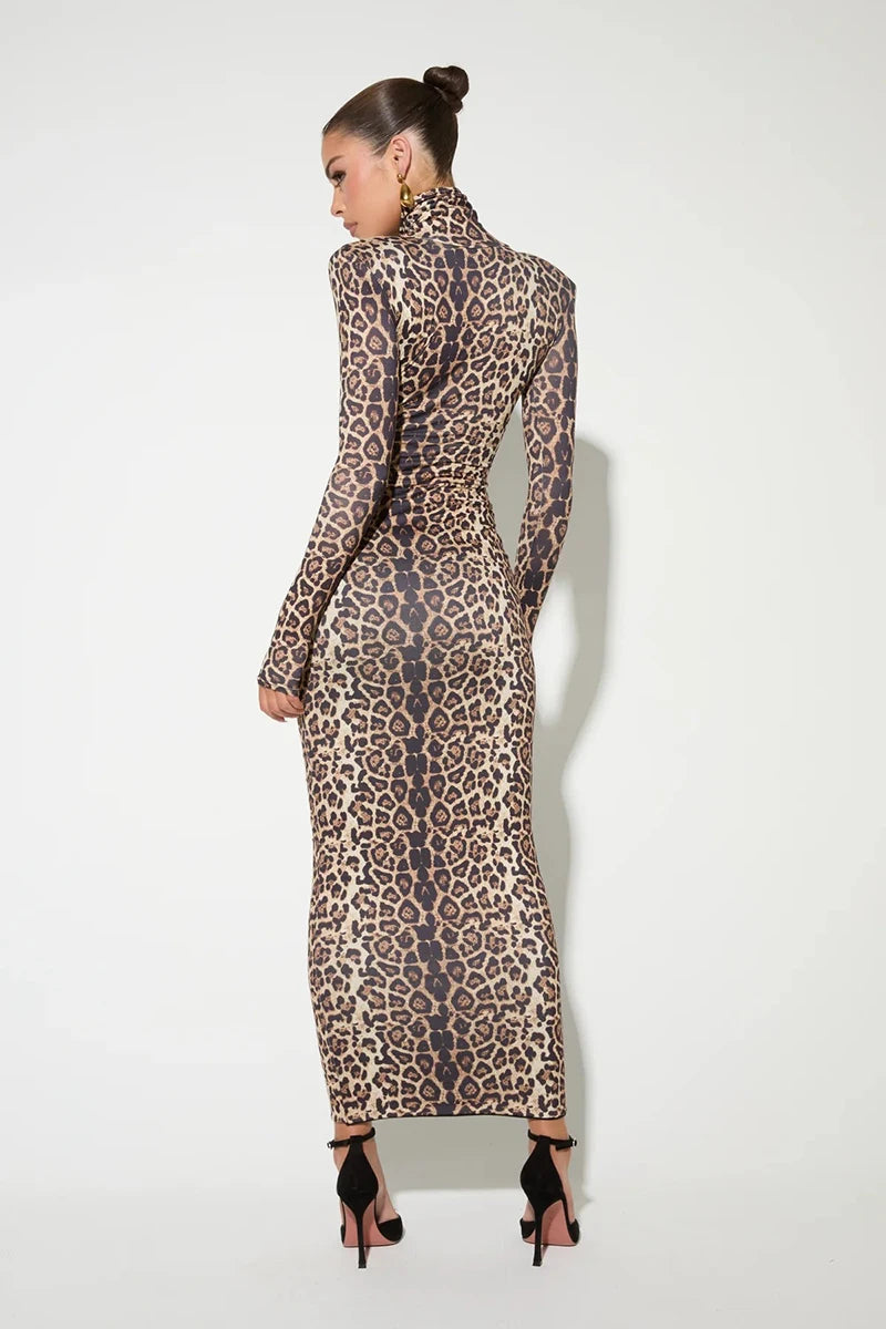 Leopard Print Long Sleeve Sexy Maxi Dress