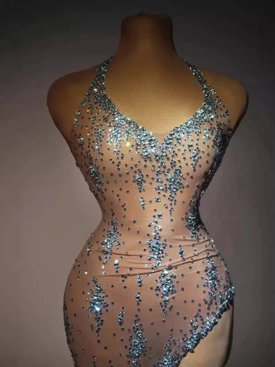 Rhinestone V Neck Stretch Mesh Dress