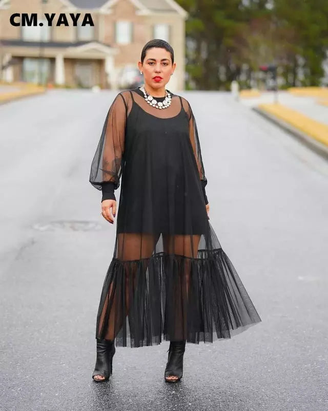 Black Mesh See Though Ruffles Dress