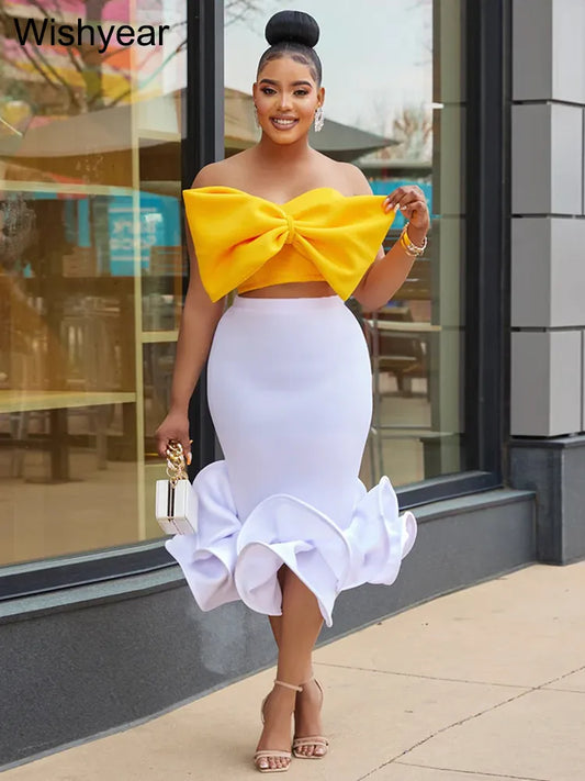 Elegant 2 Piece Big Bow Crop Top and Midi Skirt Set