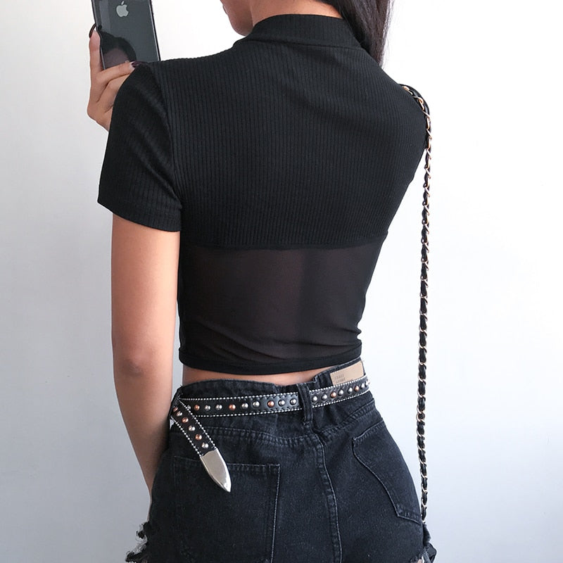 Short Sleeve Mesh Patchwork Crop Top