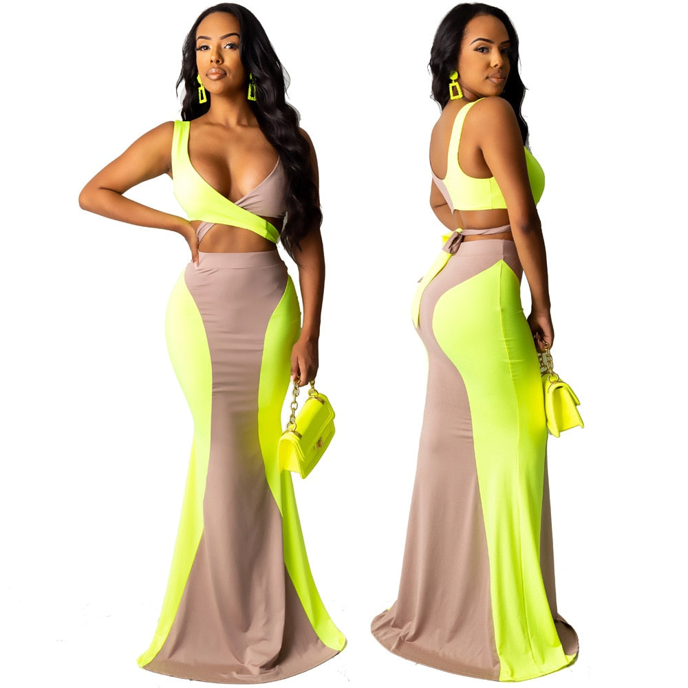 Contrast Color Lace Up Sexy V-neck Cropped Top Maxi 2 Piece Set