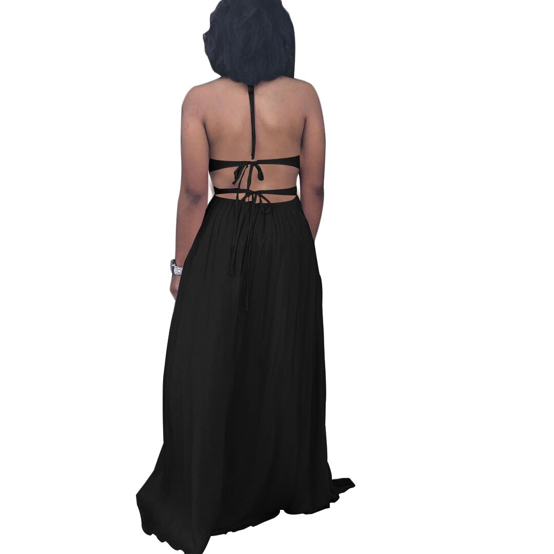 Halter V-neck Open Back Maxi Dress