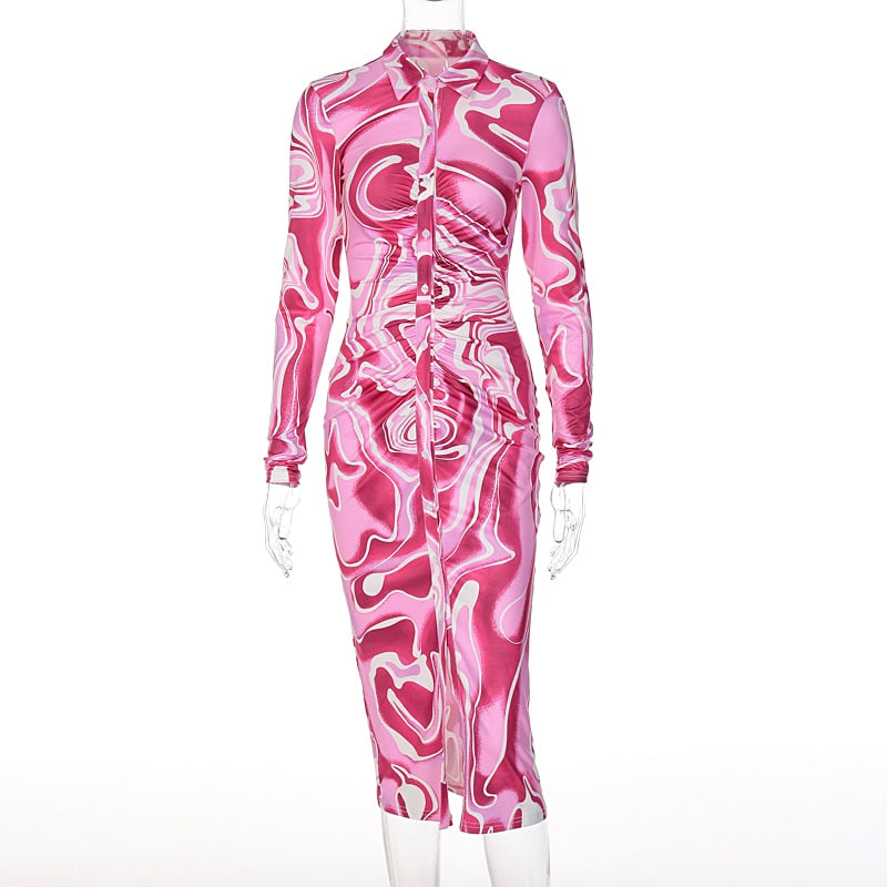 Long Sleeve Printed Bodycon Pencil Midi Dress