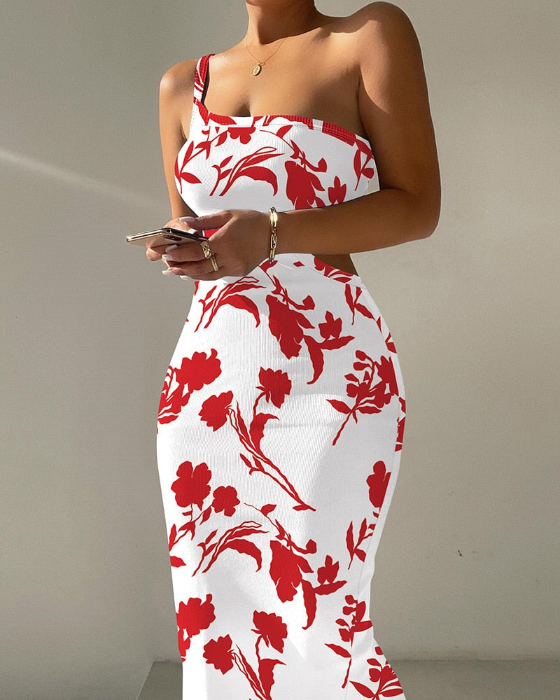 Floral Print One Shoulder Cutout Dress